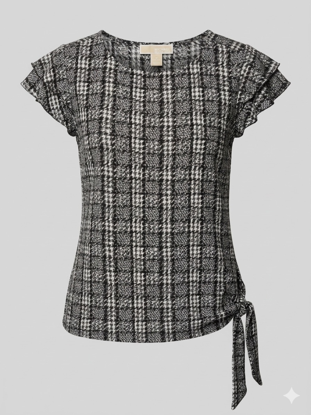 MICHAEL KORS Black &White Plaid Flutter Sleeve Tie Hem Blouse XS